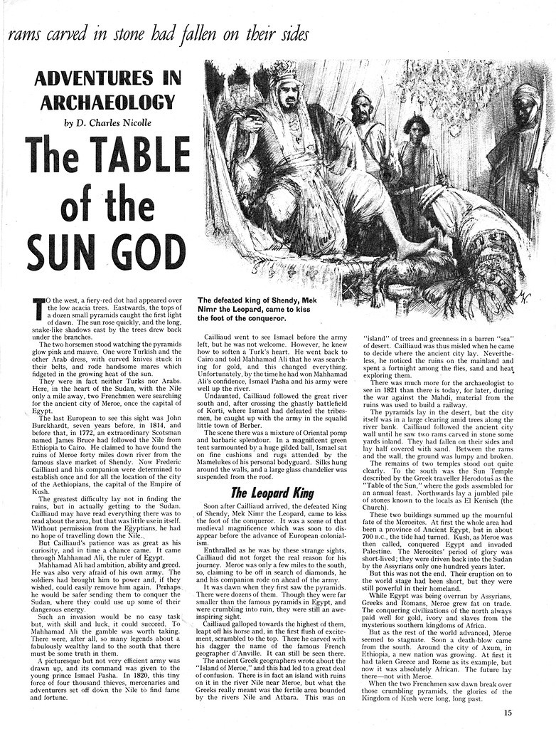 The Table of the Sun God is an article on the Frédéric Cailliaud expedition to the ancient city of Meroë that appeared a 1968 issue of the British educational magazine for children Look and Learn [11]. Image licensed for educational use (LL0362-015-00).