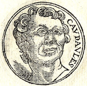 A 16th century portrait of King Candaules of Lydia, who reigned from 735 BC to 718 BC according to tradition, from Guillaume Rouillé's iconography book entitled Promptuarii Iconum Insigniorum.