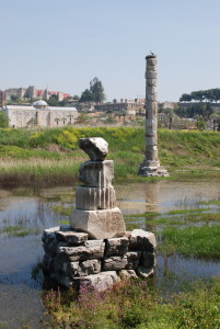 The ruins of the third Temple of Artemis in Ephesus outside Selçuk, Turkey. The first temple was destroyed in a flood, while the second was burned down by Herostratus. This image is by simonjenkins' photos and is distributed under a CC-BY-SA 2.0 license.