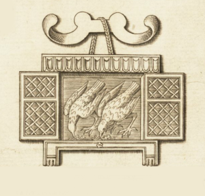 The sacred chickens of Rome in their coop from an engraving of military insignia and instruments of war by Nicolas Beatrizet. The full engraving is found at Speculum Romanae Magnificentiae, [Image no. B293], Special Collections Research Center, University of Chicago Library.